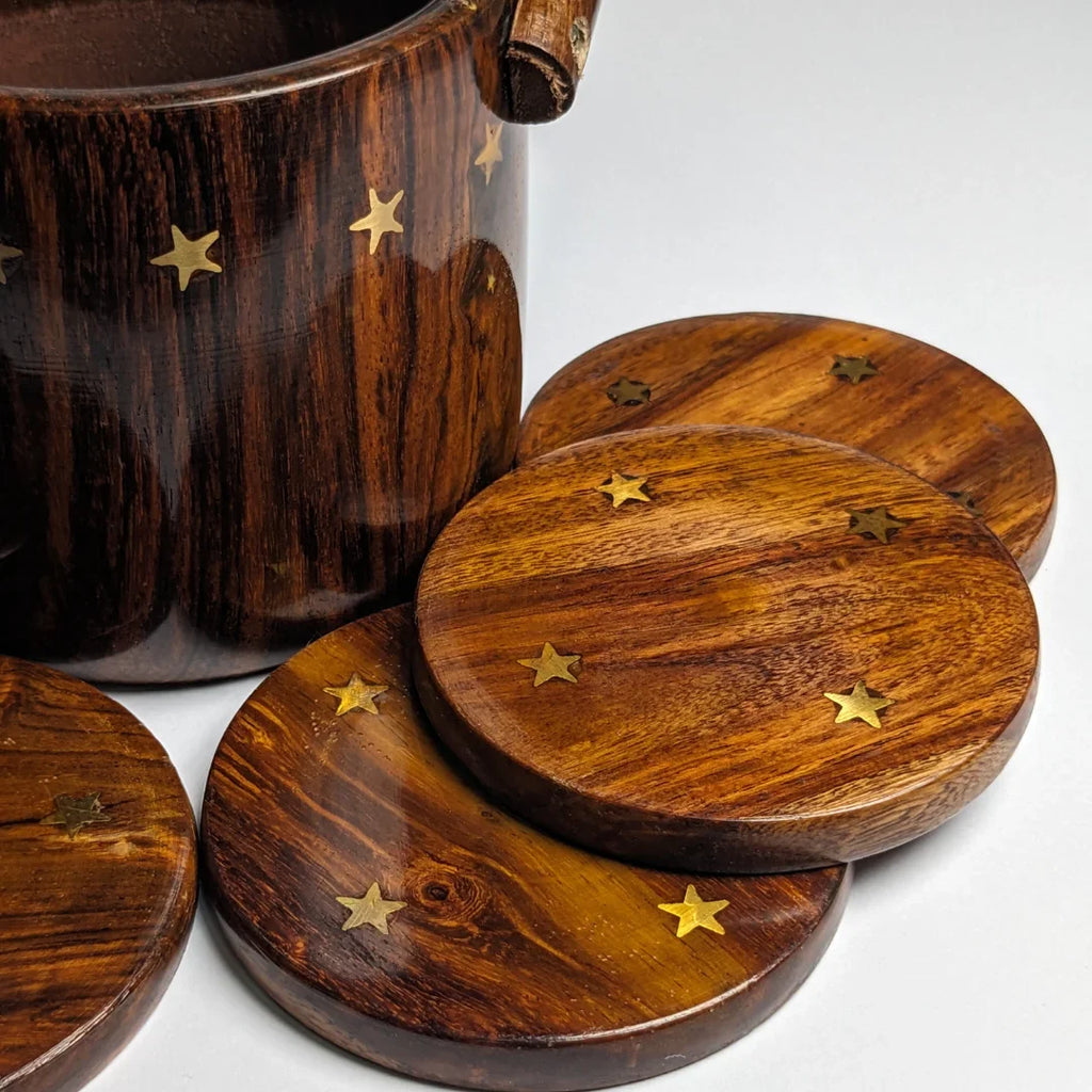 Wooden Tea Coaster Set with Bucket