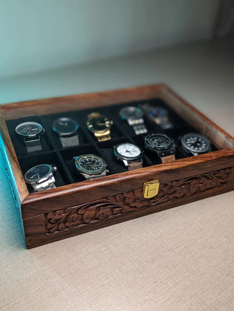 Wooden Watch Box with Glass Lid & Carving Art - Organizer for 10 Watches