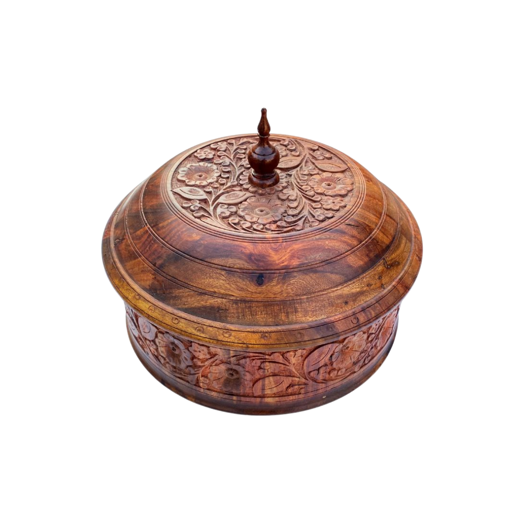 Rustic Hand-Carved Wooden Hotpot with Steel Bowl
