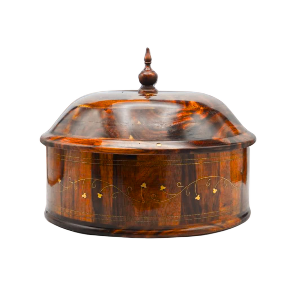 Rustic Wooden Hotpot with Intricate Brass Artistry
