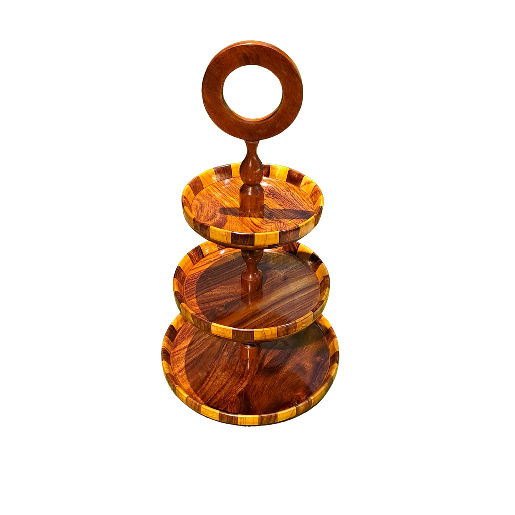 Wooden 3 Tier Round Serving Station - Checkered Pattern