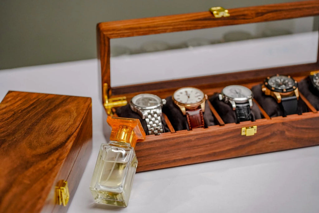 Wooden Watch Box with Glass Lid - Organizer for 5 Watches