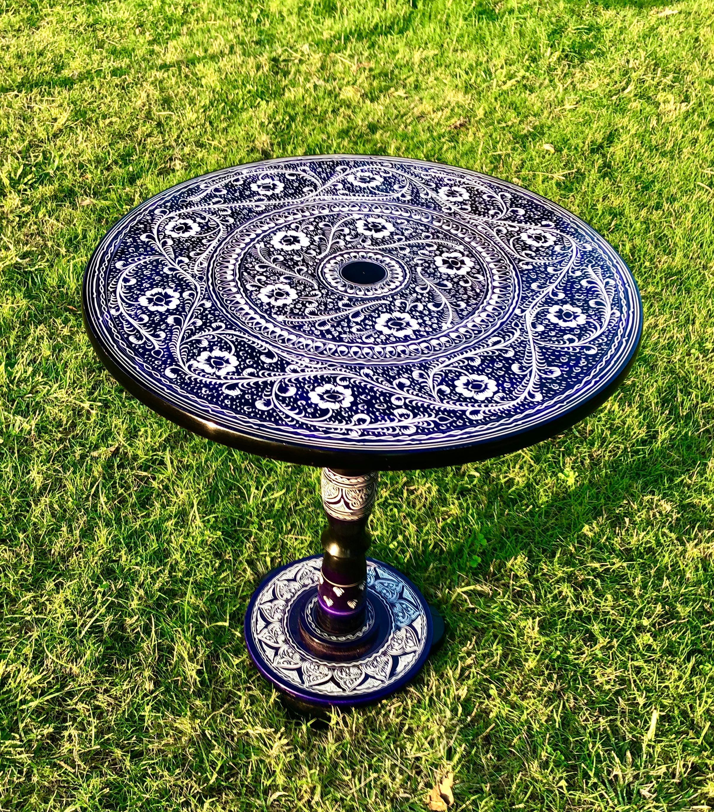 18″ Wooden Round Coffee Table – Galaxy Blue Naqsheen Design