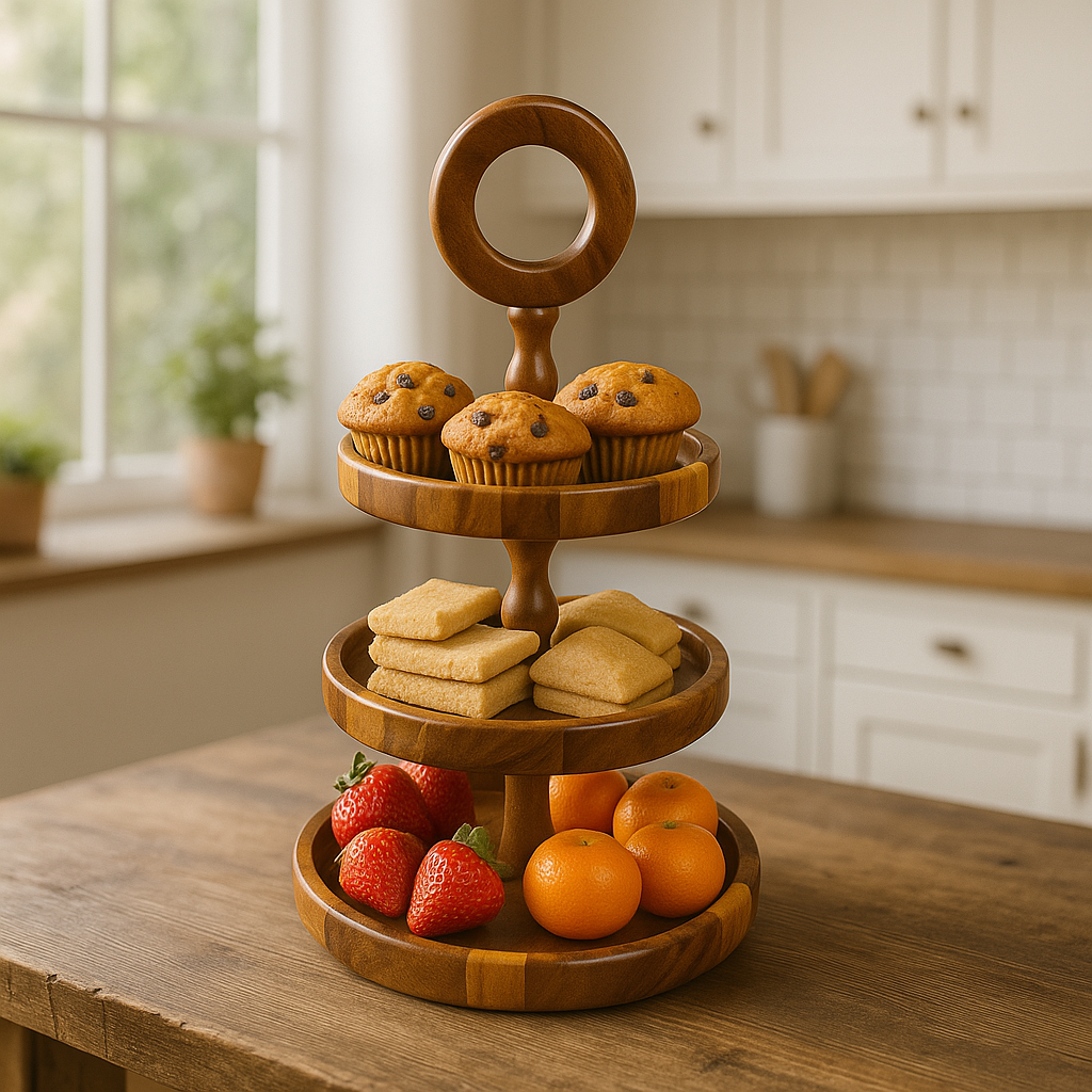 Wooden 3 Tier Round Serving Station - Checkered Pattern