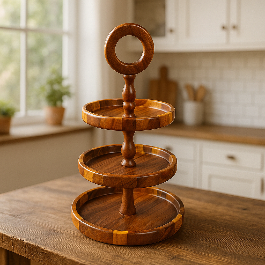 Wooden 3 Tier Round Serving Station - Checkered Pattern