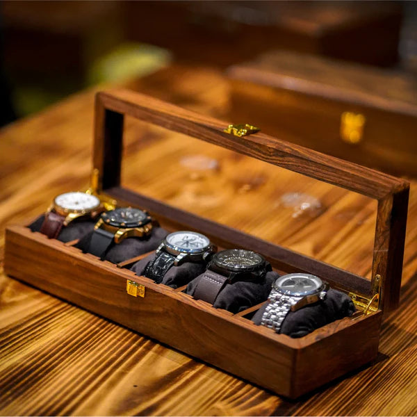 Wooden Watch Box with Glass Lid - Organizer for 5 Watches