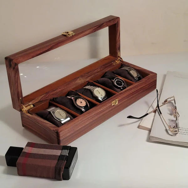 Wooden Watch Box with Glass Lid - Organizer for 5 Watches