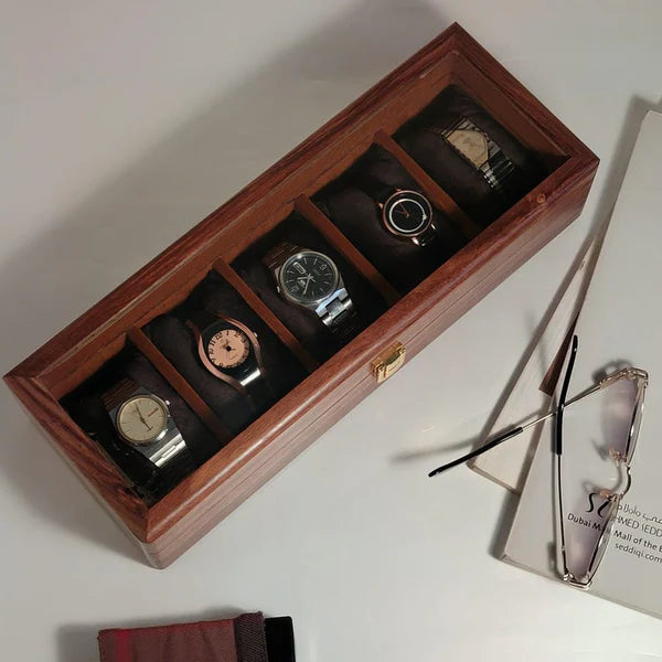Wooden Watch Box with Glass Lid - Organizer for 5 Watches